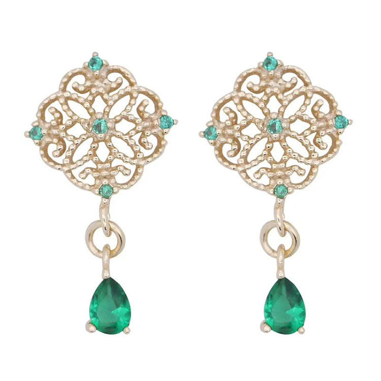 Silver Plated Emerald Stud Earrings Chinese Vintage Lace