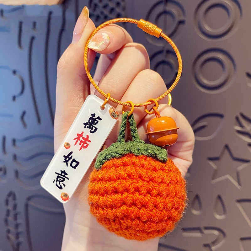 Handmade Woven Wool Crocheted Persimmon Peanut Lucky Keychain-8