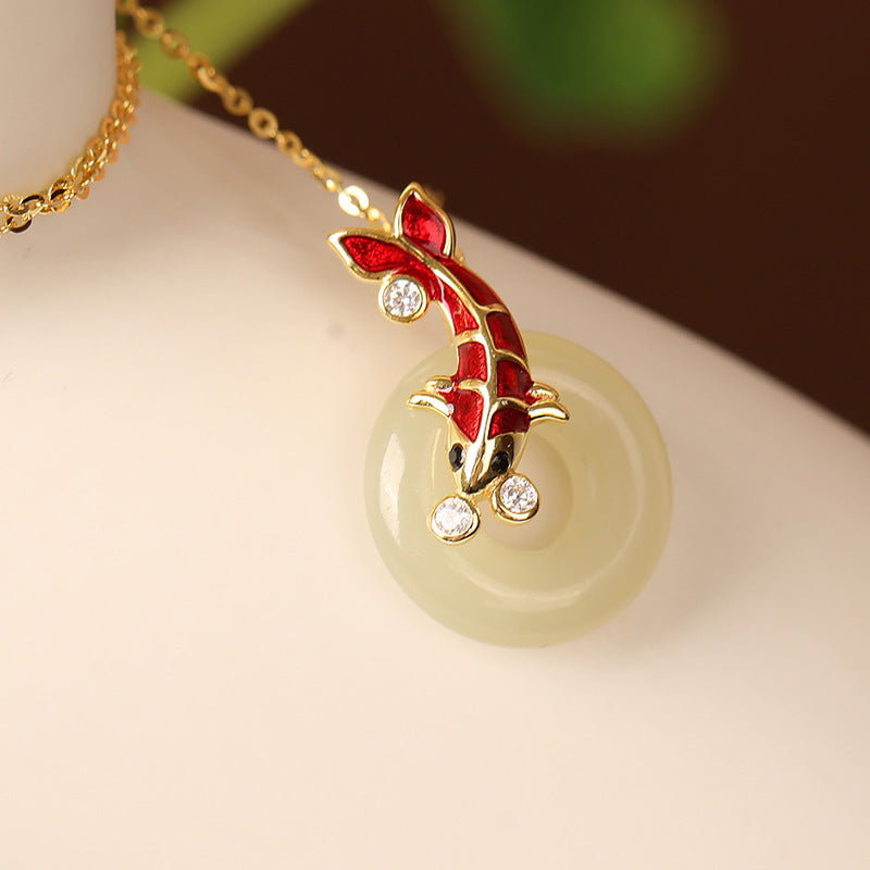 Koi Hetian Jade Peace Buckle Necklace Girls Pure