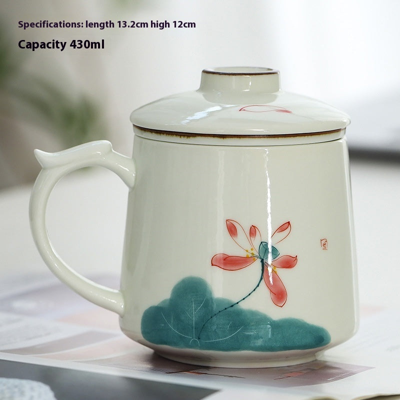 White Porcelain Celadon Household Hand-painted Filtered Tea Cup With Lid