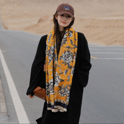 Retro Ethnic Style Peony Flower Cashmere Scarf