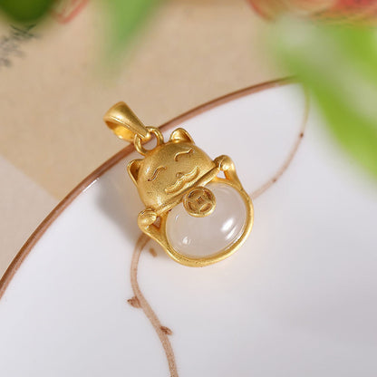 Lucky Cat Hetian Jade Ancient Law Gold Pendant Female Niche