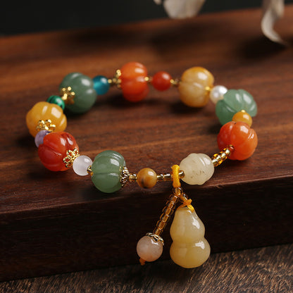 Natural Gold Filigree Jade Pumpkin Beads Bracelet