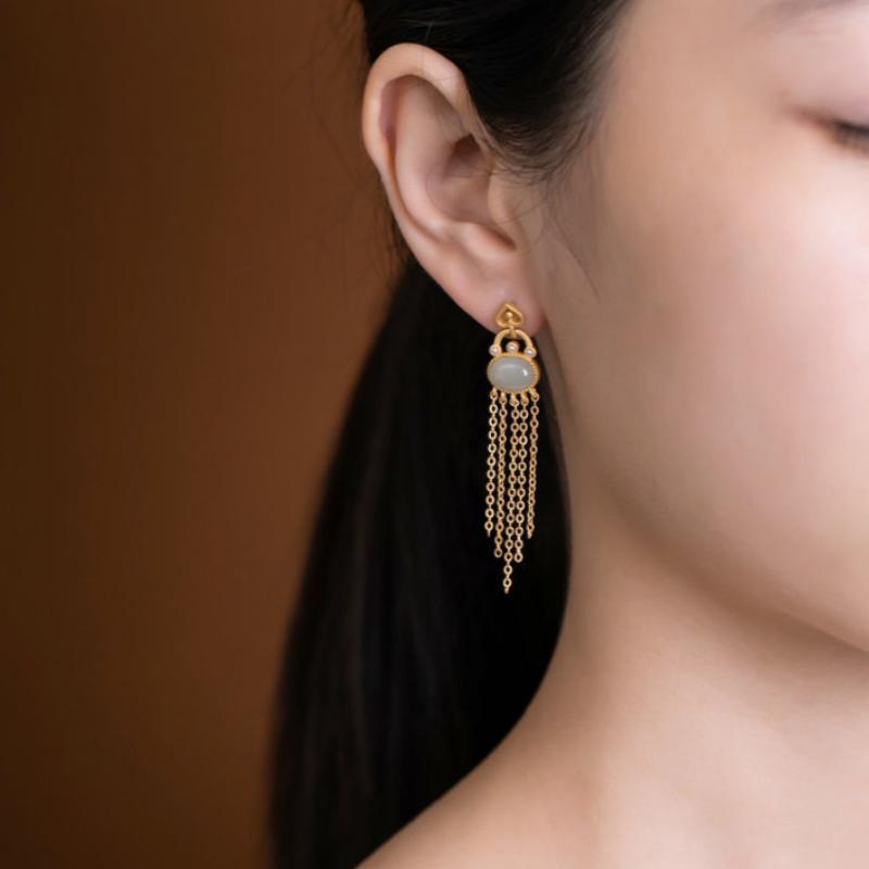 Silver-plated Hetian Jade Temperament Long Tassel Earrings