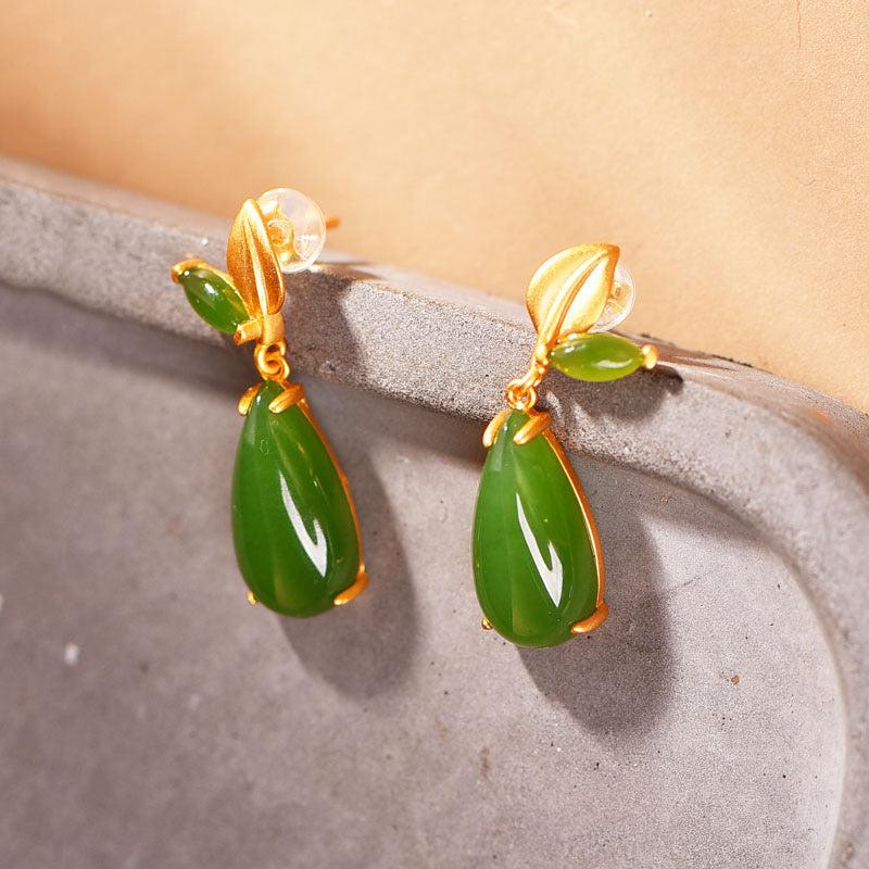 Inlaid Hetian Jade Earrings Leaves Geometric Gold-plated Fashionable Simple Exquisite Jasper All-match Earrings