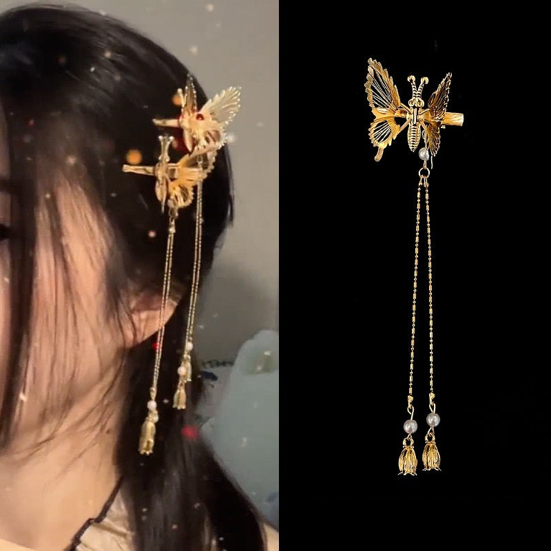 Antique Moving Butterfly Alloy Tassel Gold Women Hairpin-1