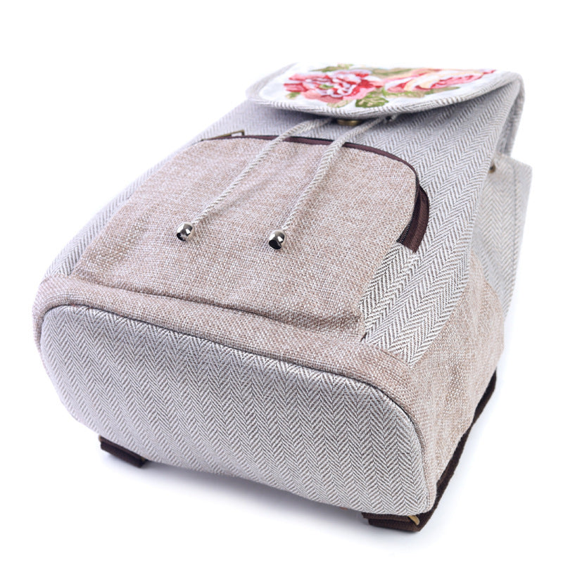 Women's Vintage Peony Flower Embroidery Cotton and Linen Backpacks-4