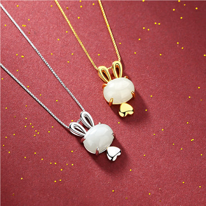 S925 Silver Natural Hetian Jade Cute Rabbit Pendant Necklace