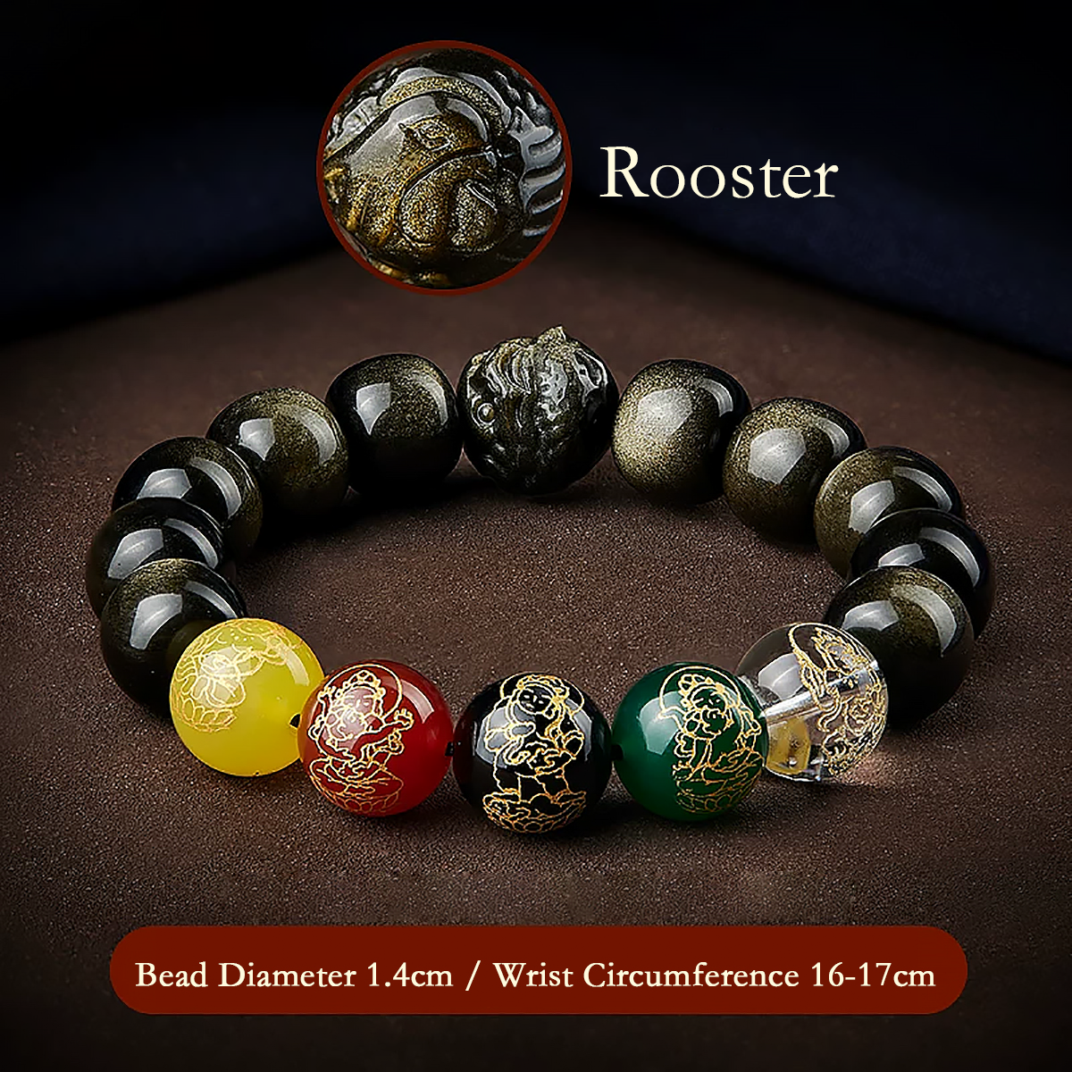 Five Gods of Wealth Lucky Beads Bracelet Zodiac Gold Obsidian Handheld Rosary-11