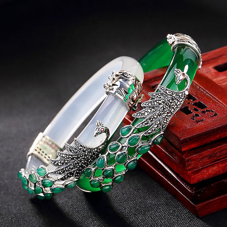 Vintage Sterling Silver Bracelet with White Chalcedony or Malachite-1