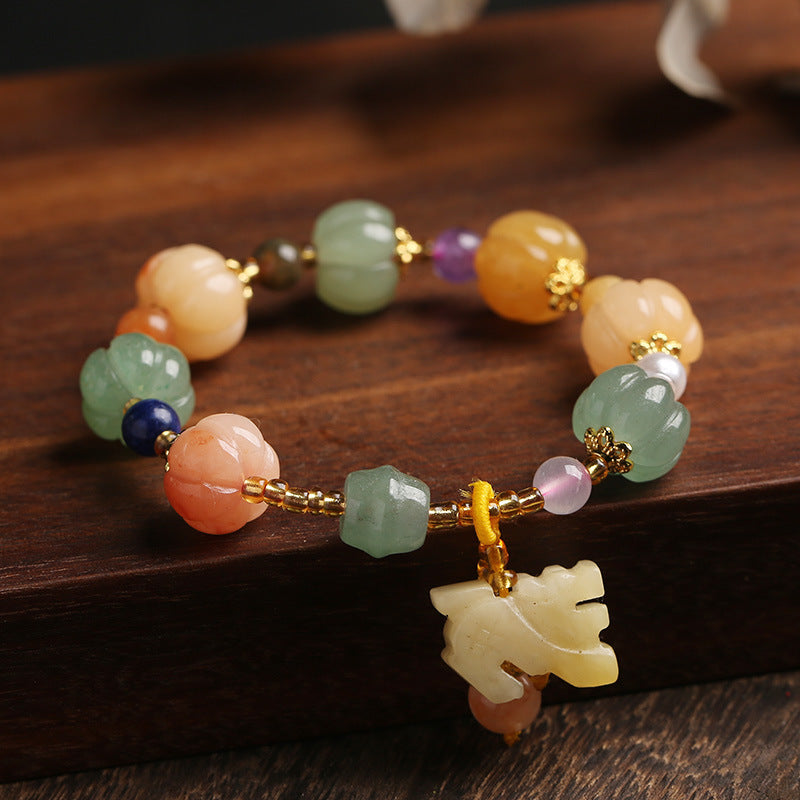 Natural Gold Filigree Jade Pumpkin Beads Bracelet