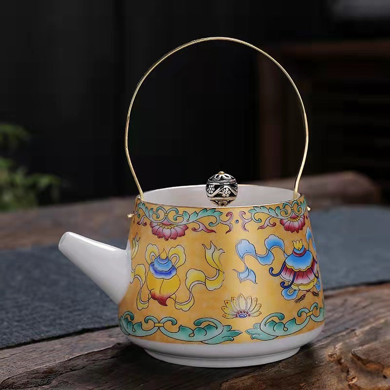 Enamel Painted Teapot Vintage Household Peony Ring Handle Teapot