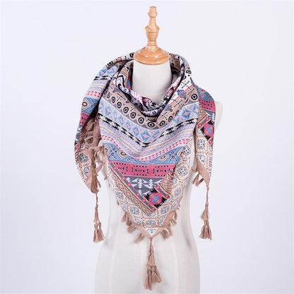 Ethnic Style Fringed Scarf Jacquard Square Scarf