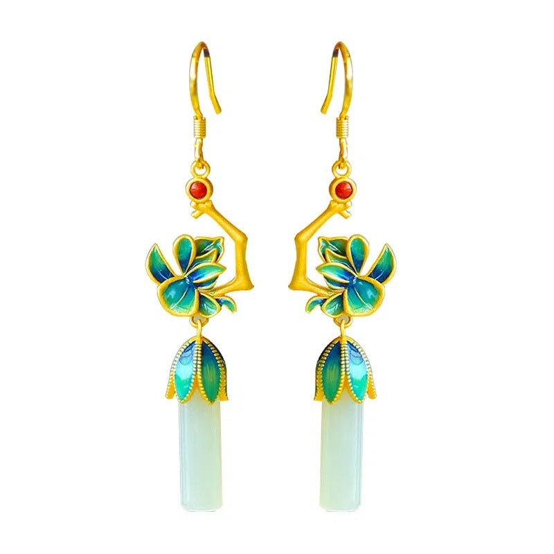 Flower S925 Silver Embeded Jade Eardrops Antique Earrings