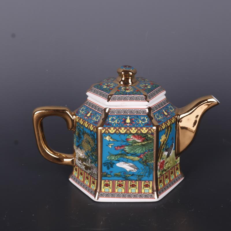 Home Decoration-Golden Enamel Flower and Bird Teapot Six Square Pot