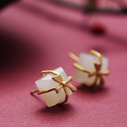 Natural Hetian Jade Cube Sugar Bowknot Earrings Earrings