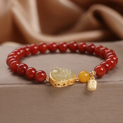 Southern Red Agate Beaded Bracelet Female 14K Gold Inlaid With Jade Buddha