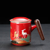 Dunhuang Deer Office Wooden Handle Ceramic Mug with Tea Strainer-5