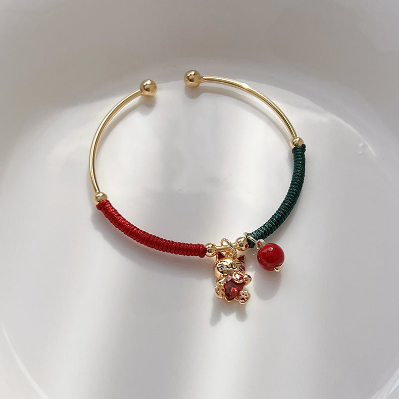 Chinese Style Antique Winding Red String Kitten Pendant Bracelet-1