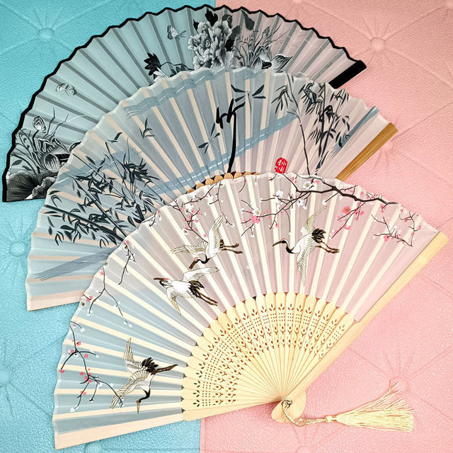 Floral Patterns with Tassel Portable Bamboo Silk Folding Fan-1