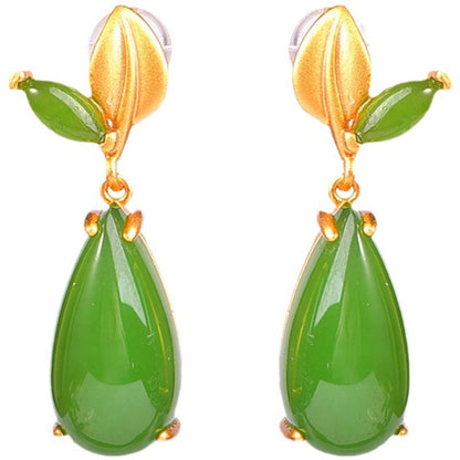 Inlaid Hetian Jade Earrings Leaves Geometric Gold-plated Fashionable Simple Exquisite Jasper All-match Earrings