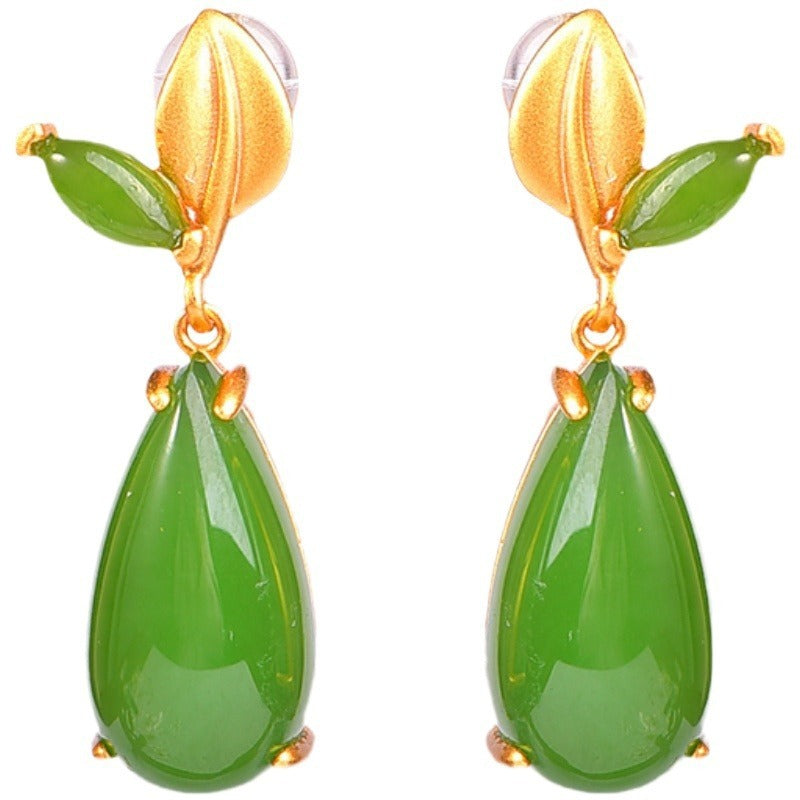 Inlaid Hetian Jade Earrings Leaves Geometric Gold-plated Fashionable Simple Exquisite Jasper All-match Earrings