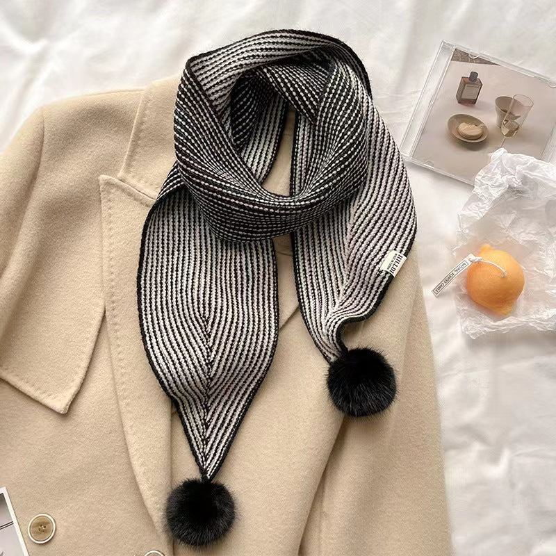 New Style Knitted Wool Ball Striped Scarf For Women