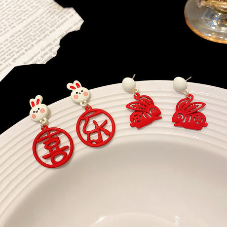 Festive Zodiac Year Paper-cut Red Rabbit Earrings-2