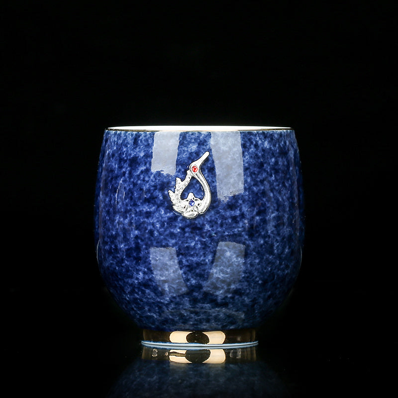 Sprinkled Blue Glaze Ceramic Inlaid Silver Tea Cup Set