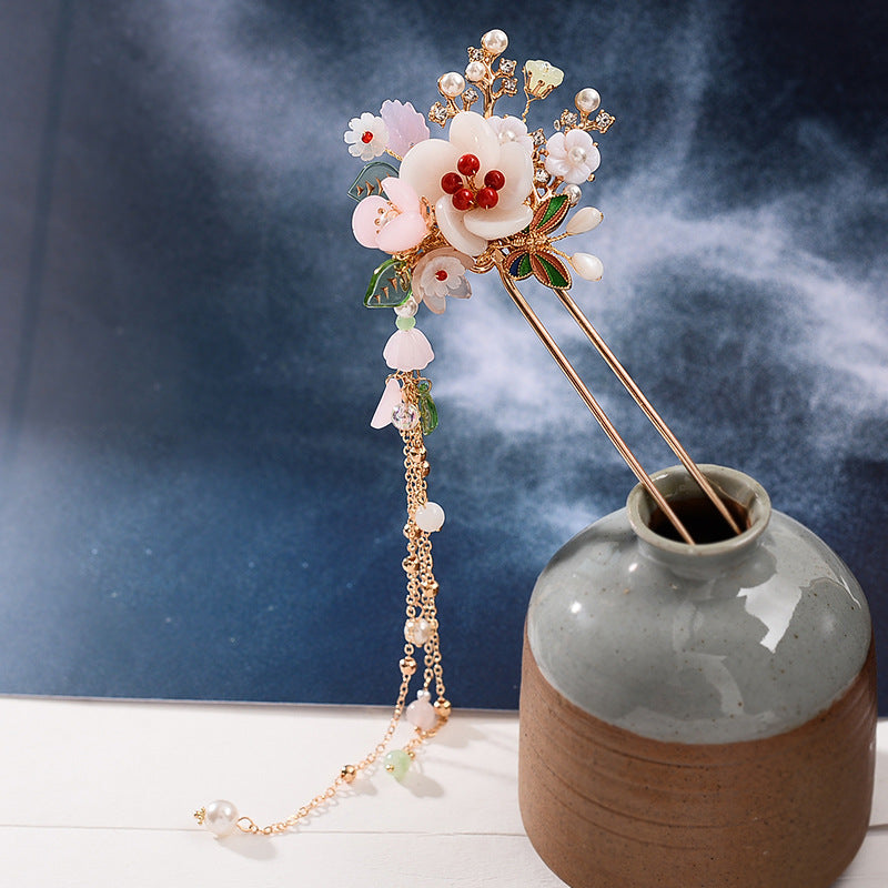 Hanfu Delicate Flower Step Shake Shell Pearl Hairpin-2