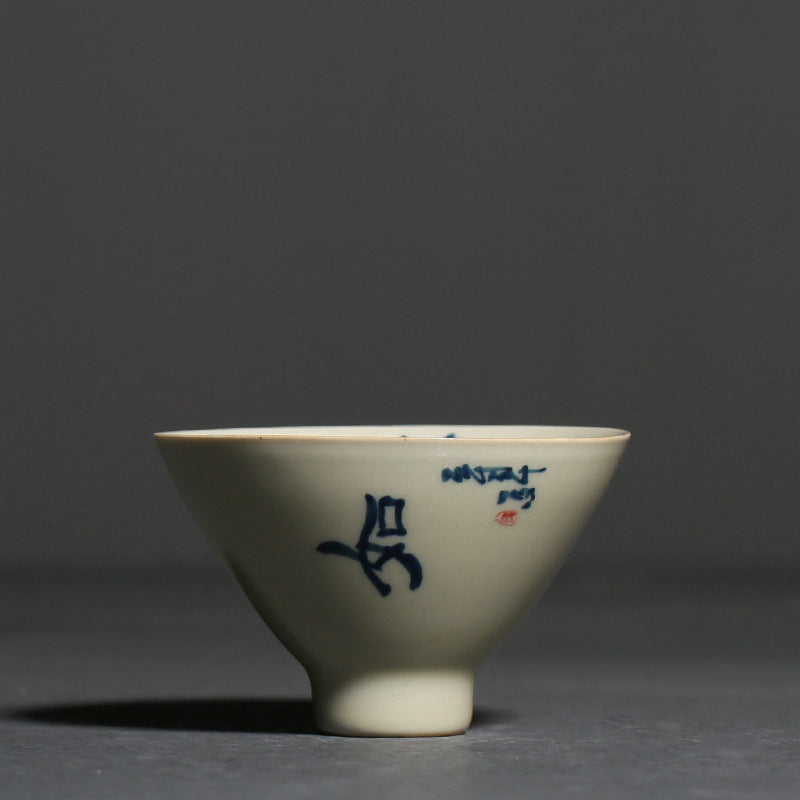 Beige Underglaze Tea Cup Joy Ruyi Blue and White Porcelain Hat Cup-6