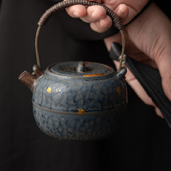 Old Rock Clay Carrying Handle Teapot Bronze Glaze Tea Set