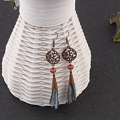 Literary Leaves Hollow Out Stitching Tassel Chinese Ethnic Style Earrings