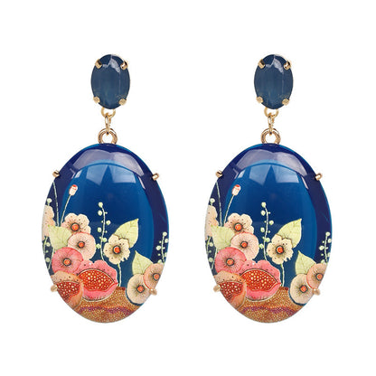 Resin Printed Earrings Retro Oval Earrings