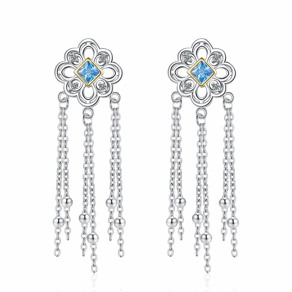 Chinese Knot Blue Zircon Stud Versatile Personality Lace Texture Earrings