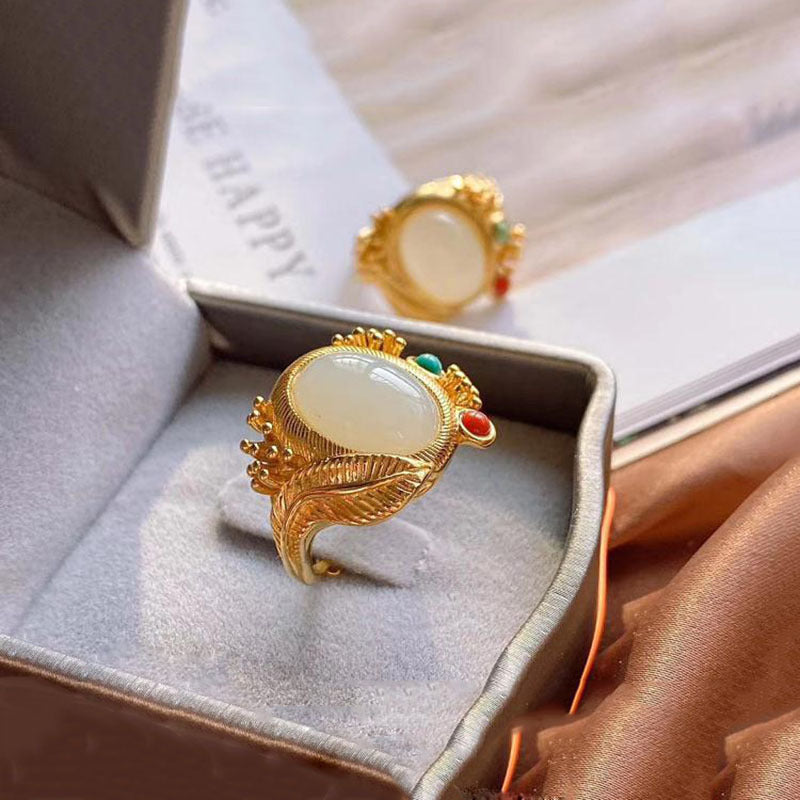 Ethnic Style Gold Plated Hetian Jasper Ring