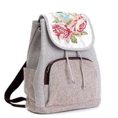 Women's Vintage Peony Flower Embroidery Cotton and Linen Backpacks-3