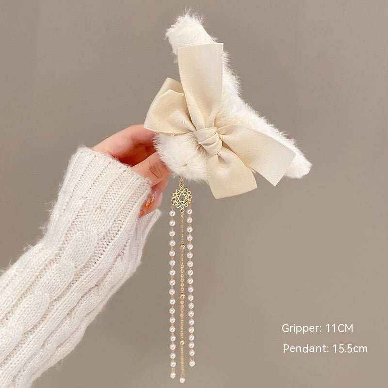 Plush Bow Tassel Hairpin Shark Clip