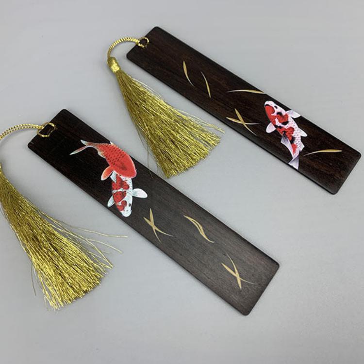 Chinese Style Painted Koi Tassel Sandalwood Rosewood Bookmark-3