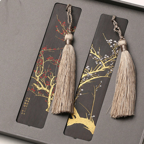 Plum Tree Carved Tassel Mahogany Bookmark Set Gift-1