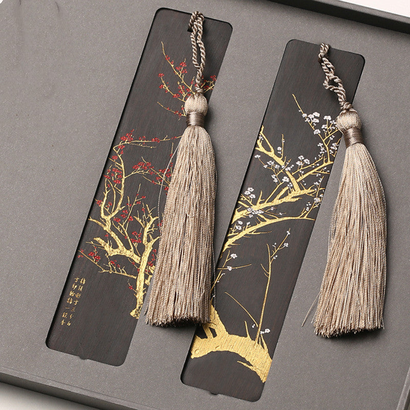 Plum Tree Carved Tassel Mahogany Bookmark Set Gift-1