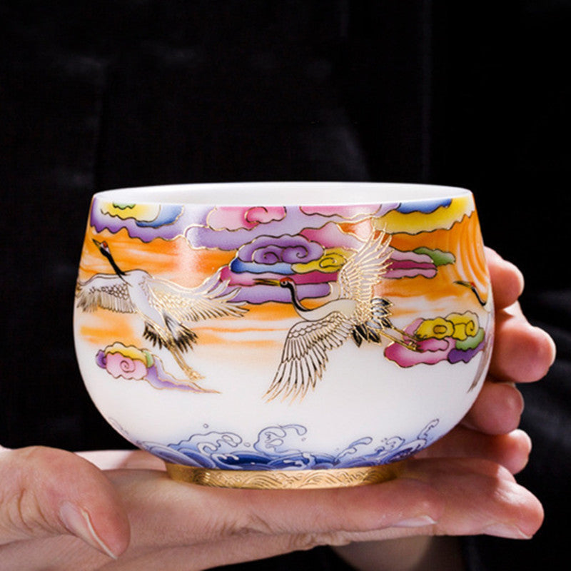 White Porcelain Single-cup Teacup Teacup High-grade Crane And Mutton Fat Jade Porcelain