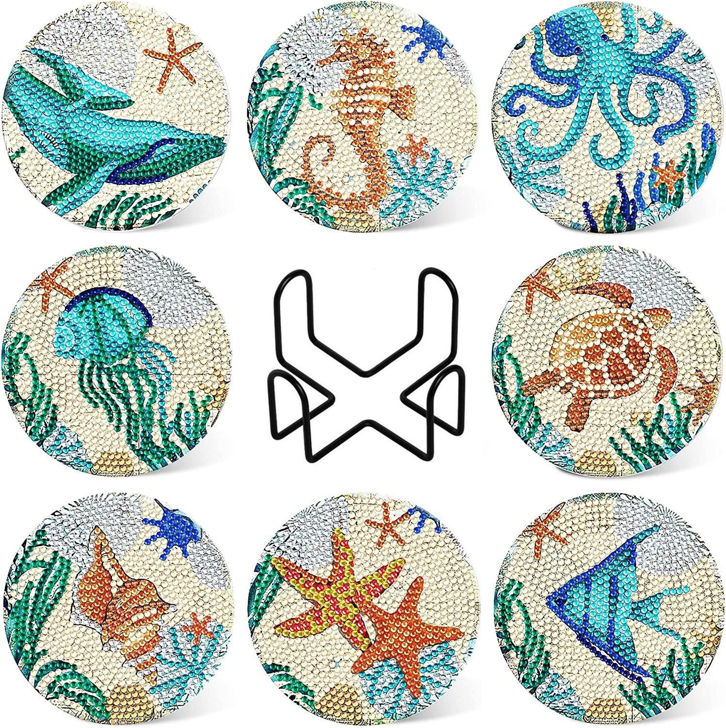 Ocean Series Diamond Painting Coaster Coaster Set Strasssteine ​​Holz Tischplacemat mit Rack für Wohnkulturküchenzubehör