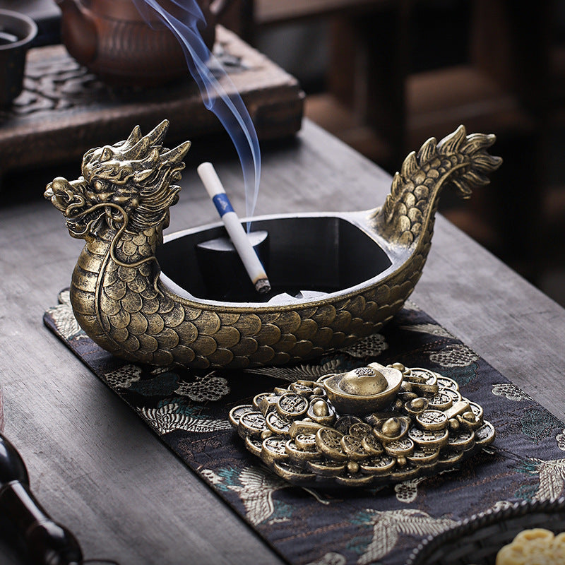 Chinese Creative Dragon Boat Ashtray With Lid Prevent Fly Ash