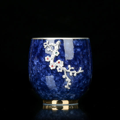 Sprinkled Blue Glaze Ceramic Inlaid Silver Tea Cup Set