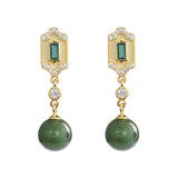 Emerald Tassel 925 Silver Inlaid Southern Red Agate Gem Hetian Jade Retro Female Earrings