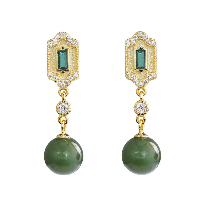 Emerald Tassel 925 Silver Inlaid Southern Red Agate Gem Hetian Jade Retro Female Earrings