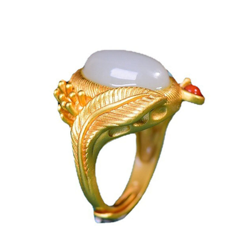 Ethnic Style Gold Plated Hetian Jasper Ring