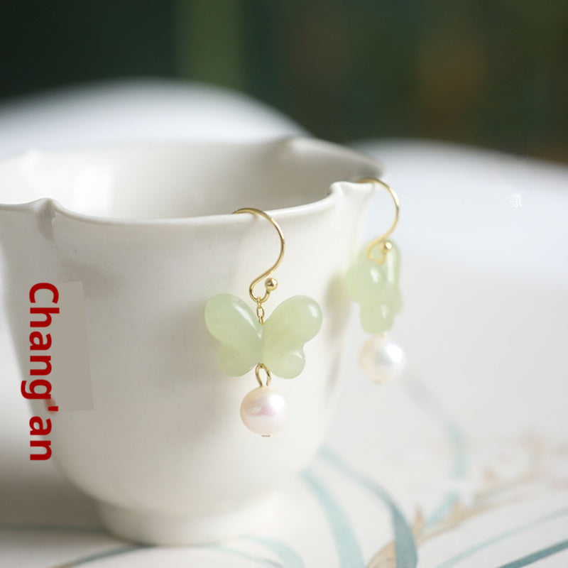 Hetian Jade Chinese Style Gentle Elegant Style Earrings