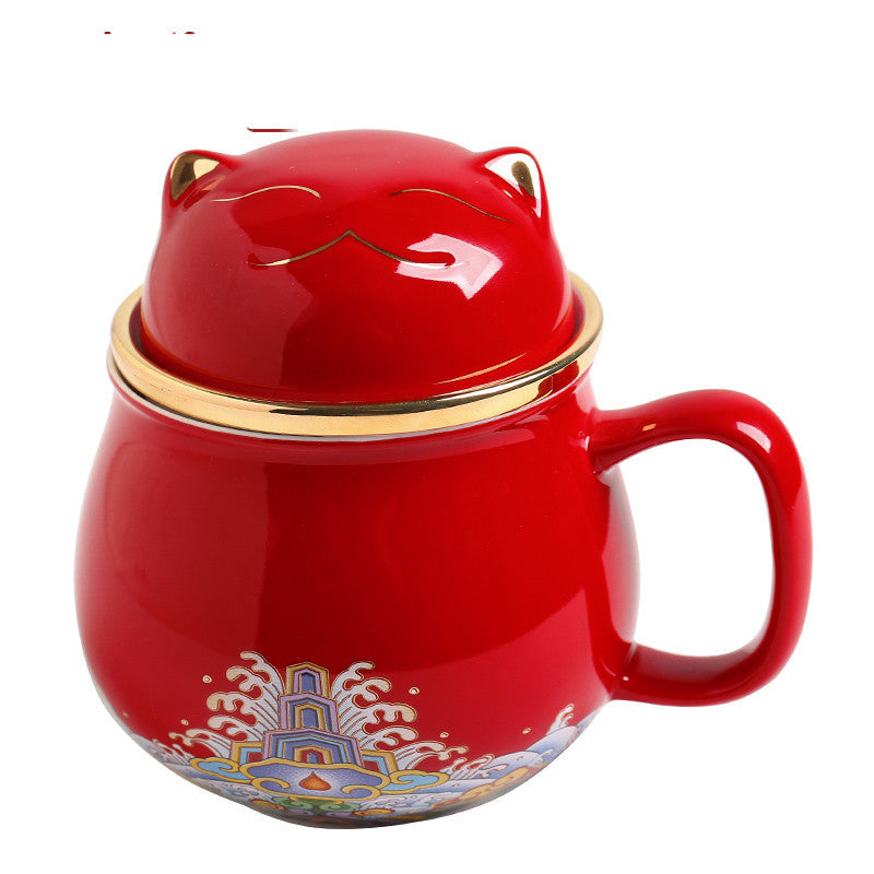 Forbidden City Cat Cup With Lid Ceramic Female Tea Water Separate Coffee